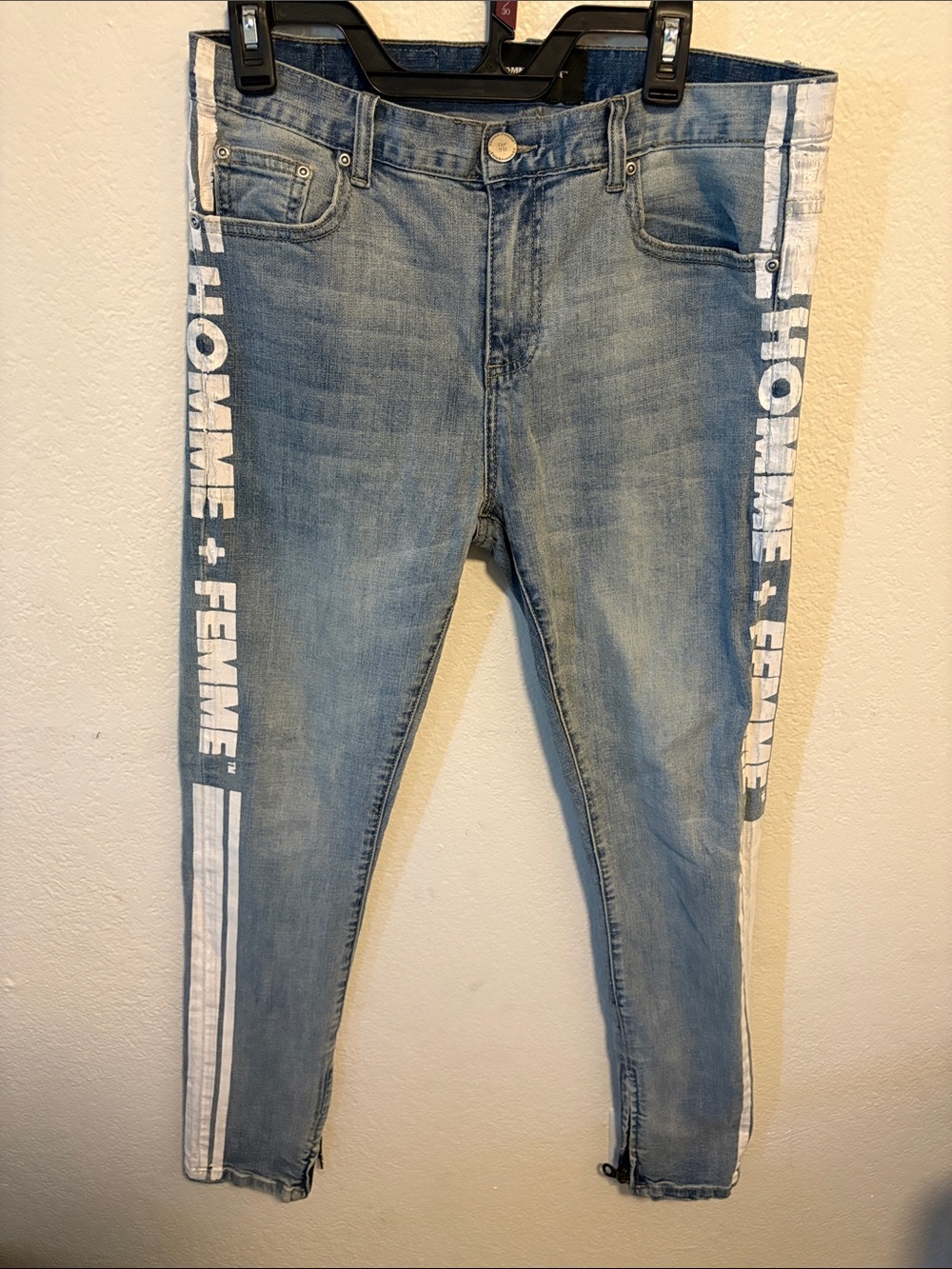 Light Wash Jeans with White Side Stripe "L'HOMME + FEMME"